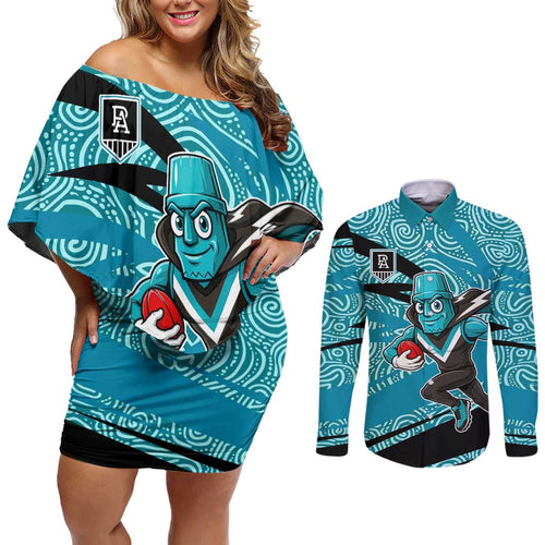 Port Adelaide Australian Football Couples Matching Off Shoulder Short Dress and Long Sleeve Button Shirt Power Hero Mascot With Indigenous Pattern Art