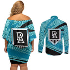 Port Adelaide Australian Football Couples Matching Off Shoulder Short Dress and Long Sleeve Button Shirt Power Hero Mascot With Indigenous Pattern Art