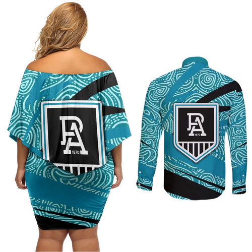Port Adelaide Australian Football Couples Matching Off Shoulder Short Dress and Long Sleeve Button Shirt Power Hero Mascot With Indigenous Pattern Art