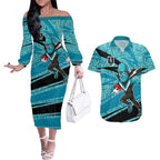 Port Adelaide Australian Football Couples Matching Off The Shoulder Long Sleeve Dress and Hawaiian Shirt Power Hero Mascot With Indigenous Pattern Art