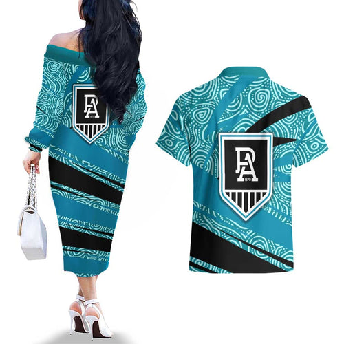 Port Adelaide Australian Football Couples Matching Off The Shoulder Long Sleeve Dress and Hawaiian Shirt Power Hero Mascot With Indigenous Pattern Art
