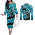 Port Adelaide Australian Football Couples Matching Off The Shoulder Long Sleeve Dress and Long Sleeve Button Shirt Power Hero Mascot With Indigenous Pattern Art