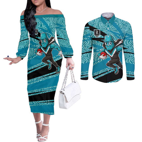 Port Adelaide Australian Football Couples Matching Off The Shoulder Long Sleeve Dress and Long Sleeve Button Shirt Power Hero Mascot With Indigenous Pattern Art