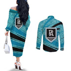 Port Adelaide Australian Football Couples Matching Off The Shoulder Long Sleeve Dress and Long Sleeve Button Shirt Power Hero Mascot With Indigenous Pattern Art