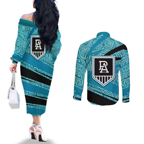 Port Adelaide Australian Football Couples Matching Off The Shoulder Long Sleeve Dress and Long Sleeve Button Shirt Power Hero Mascot With Indigenous Pattern Art