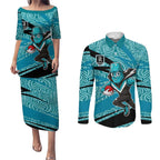 Port Adelaide Australian Football Couples Matching Puletasi and Long Sleeve Button Shirt Power Hero Mascot With Indigenous Pattern Art