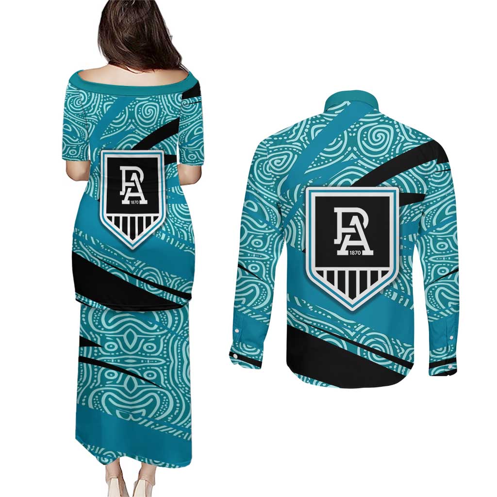 Port Adelaide Australian Football Couples Matching Puletasi and Long Sleeve Button Shirt Power Hero Mascot With Indigenous Pattern Art