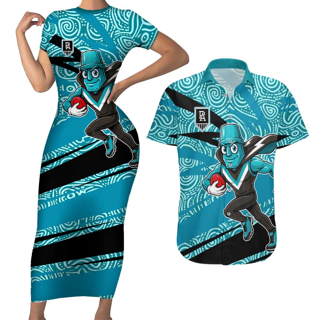 Port Adelaide Australian Football Couples Matching Short Sleeve Bodycon Dress and Hawaiian Shirt Power Hero Mascot With Indigenous Pattern Art