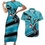 Port Adelaide Australian Football Couples Matching Short Sleeve Bodycon Dress and Hawaiian Shirt Power Hero Mascot With Indigenous Pattern Art