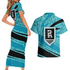 Port Adelaide Australian Football Couples Matching Short Sleeve Bodycon Dress and Hawaiian Shirt Power Hero Mascot With Indigenous Pattern Art