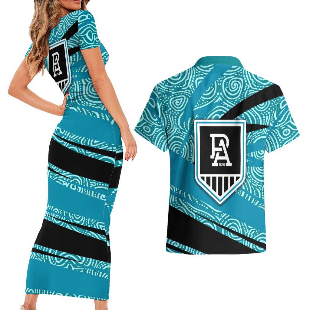 Port Adelaide Australian Football Couples Matching Short Sleeve Bodycon Dress and Hawaiian Shirt Power Hero Mascot With Indigenous Pattern Art