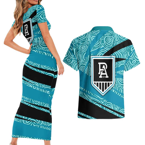 Port Adelaide Australian Football Couples Matching Short Sleeve Bodycon Dress and Hawaiian Shirt Power Hero Mascot With Indigenous Pattern Art