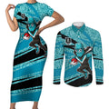 Port Adelaide Australian Football Couples Matching Short Sleeve Bodycon Dress and Long Sleeve Button Shirt Power Hero Mascot With Indigenous Pattern Art