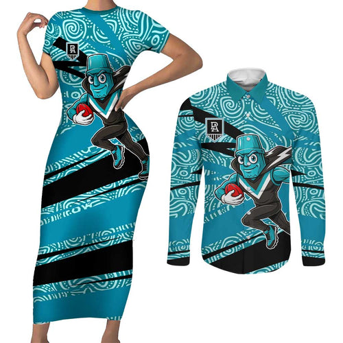 Port Adelaide Australian Football Couples Matching Short Sleeve Bodycon Dress and Long Sleeve Button Shirt Power Hero Mascot With Indigenous Pattern Art
