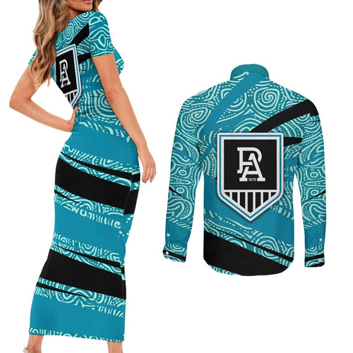 Port Adelaide Australian Football Couples Matching Short Sleeve Bodycon Dress and Long Sleeve Button Shirt Power Hero Mascot With Indigenous Pattern Art