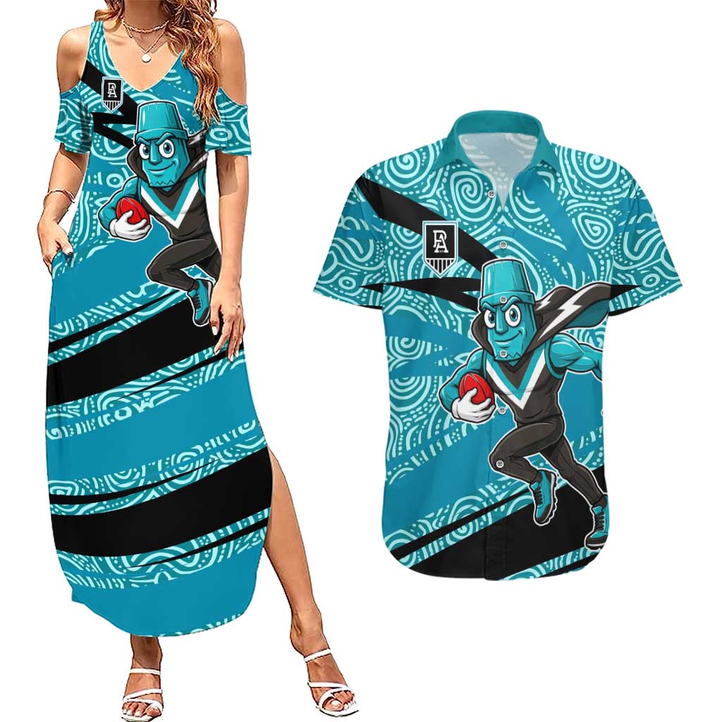 Port Adelaide Australian Football Couples Matching Summer Maxi Dress and Hawaiian Shirt Power Hero Mascot With Indigenous Pattern Art