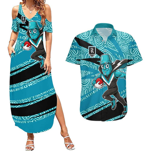 Port Adelaide Australian Football Couples Matching Summer Maxi Dress and Hawaiian Shirt Power Hero Mascot With Indigenous Pattern Art