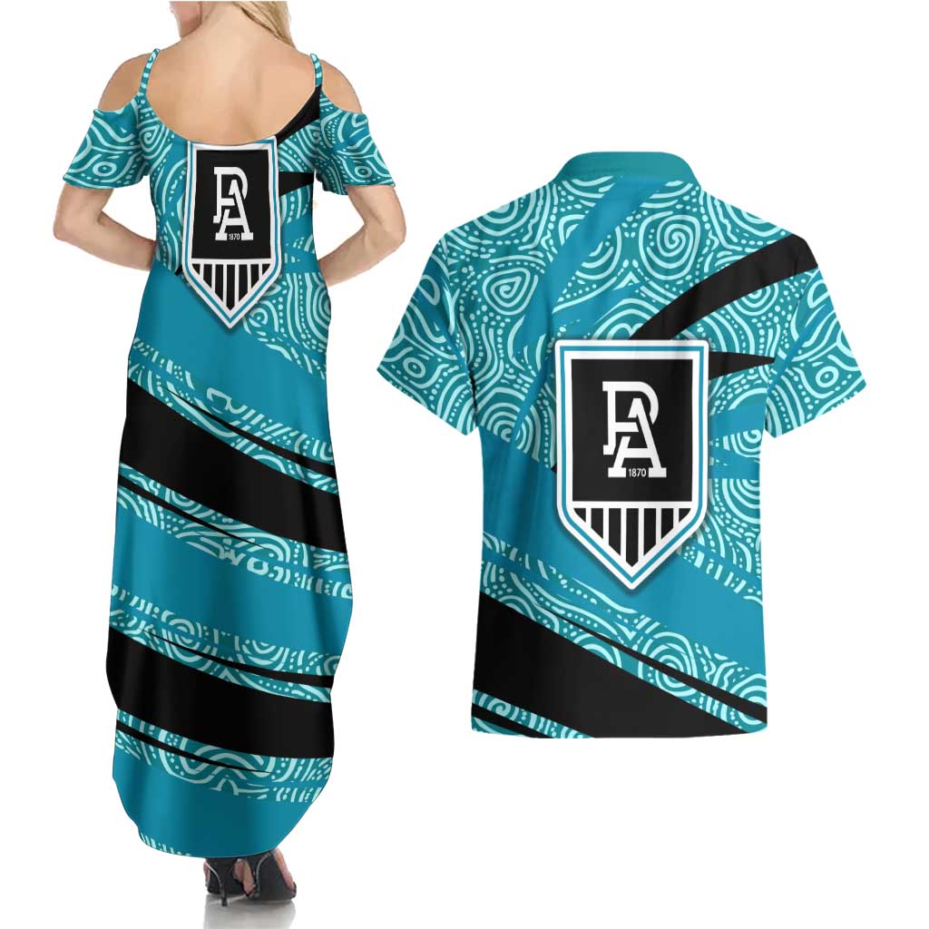 Port Adelaide Australian Football Couples Matching Summer Maxi Dress and Hawaiian Shirt Power Hero Mascot With Indigenous Pattern Art