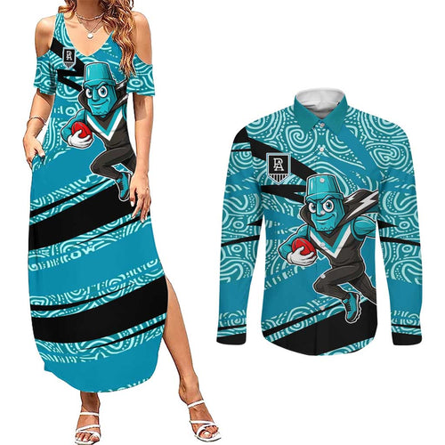 Port Adelaide Australian Football Couples Matching Summer Maxi Dress and Long Sleeve Button Shirt Power Hero Mascot With Indigenous Pattern Art