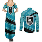 Port Adelaide Australian Football Couples Matching Summer Maxi Dress and Long Sleeve Button Shirt Power Hero Mascot With Indigenous Pattern Art