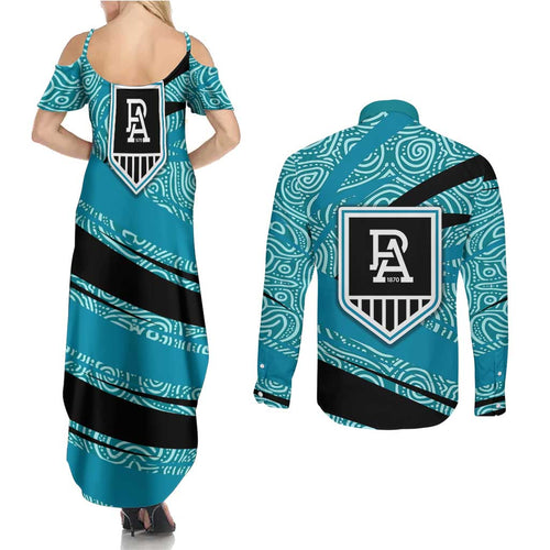 Port Adelaide Australian Football Couples Matching Summer Maxi Dress and Long Sleeve Button Shirt Power Hero Mascot With Indigenous Pattern Art