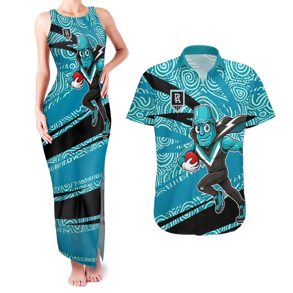 Port Adelaide Australian Football Couples Matching Tank Maxi Dress and Hawaiian Shirt Power Hero Mascot With Indigenous Pattern Art