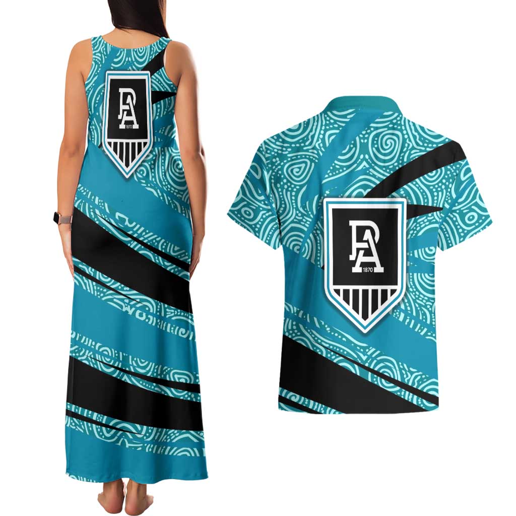 Port Adelaide Australian Football Couples Matching Tank Maxi Dress and Hawaiian Shirt Power Hero Mascot With Indigenous Pattern Art