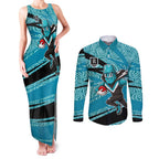 Port Adelaide Australian Football Couples Matching Tank Maxi Dress and Long Sleeve Button Shirt Power Hero Mascot With Indigenous Pattern Art