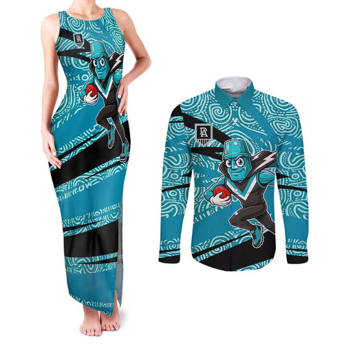 Port Adelaide Australian Football Couples Matching Tank Maxi Dress and Long Sleeve Button Shirt Power Hero Mascot With Indigenous Pattern Art