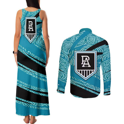 Port Adelaide Australian Football Couples Matching Tank Maxi Dress and Long Sleeve Button Shirt Power Hero Mascot With Indigenous Pattern Art