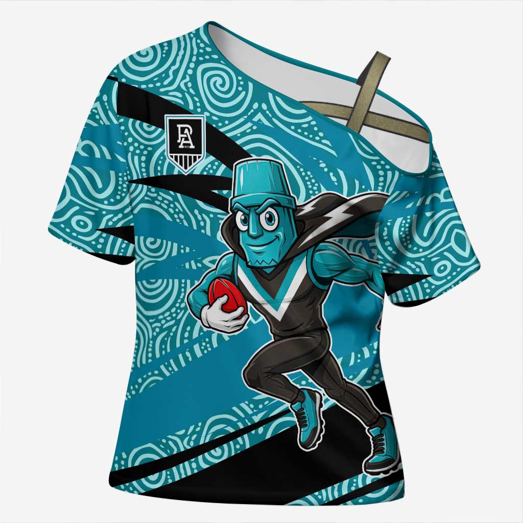 Port Adelaide Australian Football Cross Shoulder Shirt Power Hero Mascot With Indigenous Pattern Art