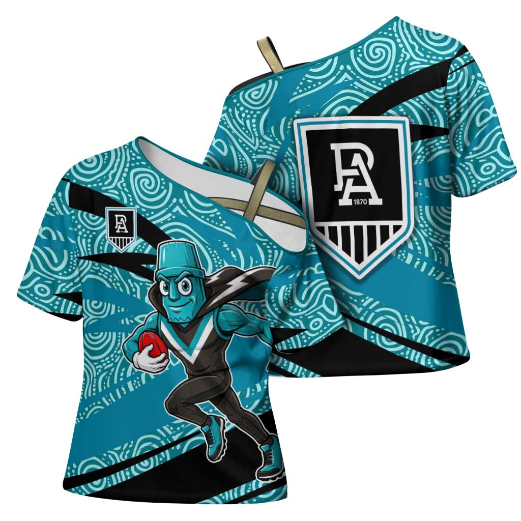 Port Adelaide Australian Football Cross Shoulder Shirt Power Hero Mascot With Indigenous Pattern Art