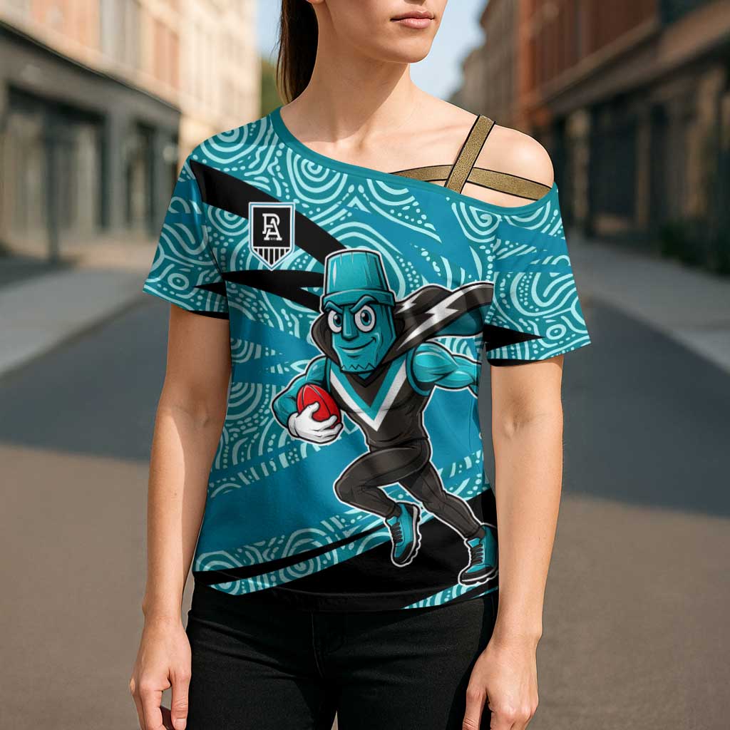 Port Adelaide Australian Football Cross Shoulder Shirt Power Hero Mascot With Indigenous Pattern Art