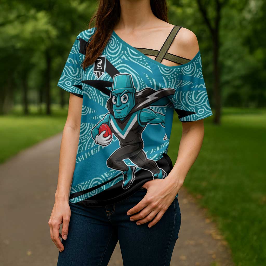 Port Adelaide Australian Football Cross Shoulder Shirt Power Hero Mascot With Indigenous Pattern Art