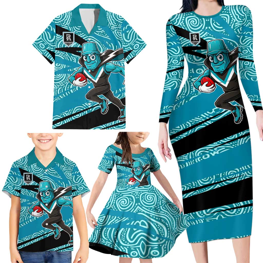 Port Adelaide Australian Football Family Matching Long Sleeve Bodycon Dress and Hawaiian Shirt Power Hero Mascot With Indigenous Pattern Art