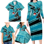 Port Adelaide Australian Football Family Matching Long Sleeve Bodycon Dress and Hawaiian Shirt Power Hero Mascot With Indigenous Pattern Art
