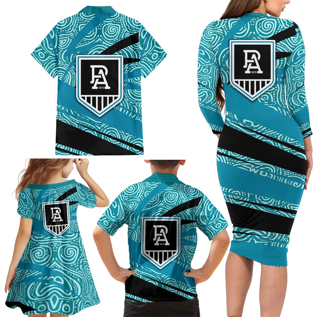 Port Adelaide Australian Football Family Matching Long Sleeve Bodycon Dress and Hawaiian Shirt Power Hero Mascot With Indigenous Pattern Art