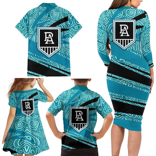 Port Adelaide Australian Football Family Matching Long Sleeve Bodycon Dress and Hawaiian Shirt Power Hero Mascot With Indigenous Pattern Art