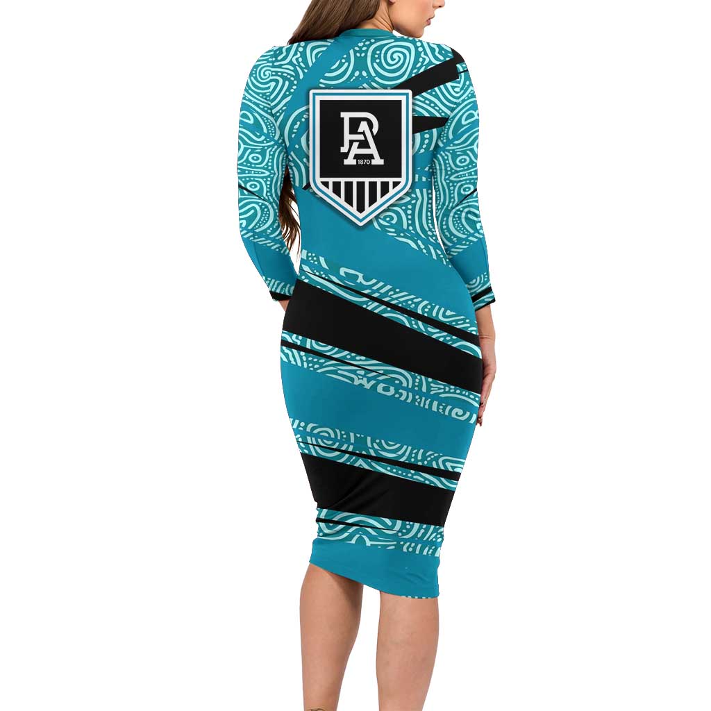 Port Adelaide Australian Football Family Matching Long Sleeve Bodycon Dress and Hawaiian Shirt Power Hero Mascot With Indigenous Pattern Art