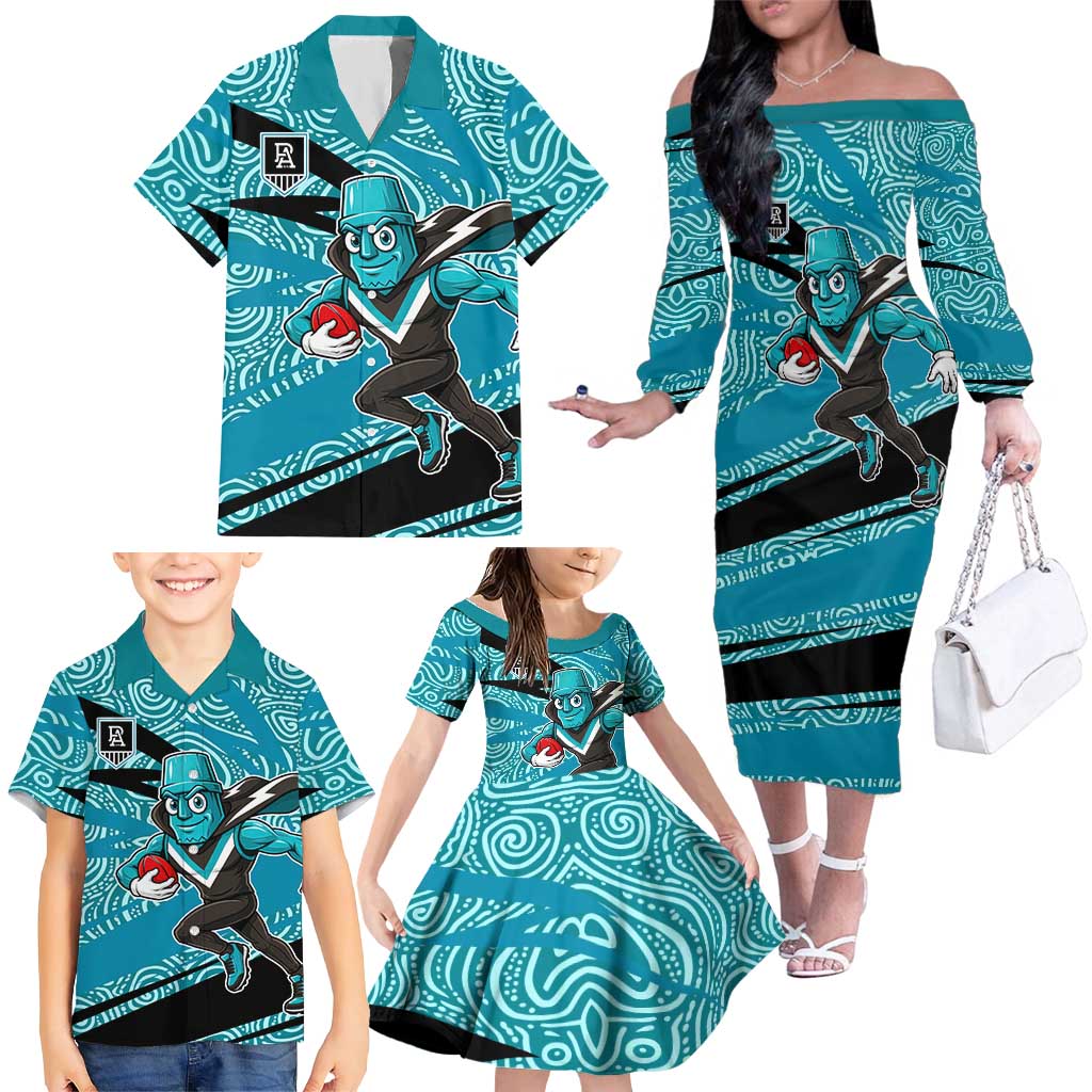 Port Adelaide Australian Football Family Matching Off The Shoulder Long Sleeve Dress and Hawaiian Shirt Power Hero Mascot With Indigenous Pattern Art