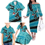 Port Adelaide Australian Football Family Matching Off The Shoulder Long Sleeve Dress and Hawaiian Shirt Power Hero Mascot With Indigenous Pattern Art