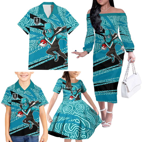 Port Adelaide Australian Football Family Matching Off The Shoulder Long Sleeve Dress and Hawaiian Shirt Power Hero Mascot With Indigenous Pattern Art