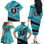 Port Adelaide Australian Football Family Matching Off The Shoulder Long Sleeve Dress and Hawaiian Shirt Power Hero Mascot With Indigenous Pattern Art