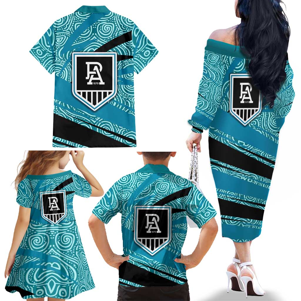Port Adelaide Australian Football Family Matching Off The Shoulder Long Sleeve Dress and Hawaiian Shirt Power Hero Mascot With Indigenous Pattern Art