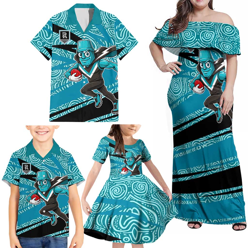 Port Adelaide Australian Football Family Matching Off Shoulder Maxi Dress and Hawaiian Shirt Power Hero Mascot With Indigenous Pattern Art