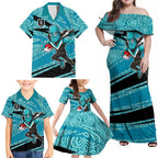 Port Adelaide Australian Football Family Matching Off Shoulder Maxi Dress and Hawaiian Shirt Power Hero Mascot With Indigenous Pattern Art