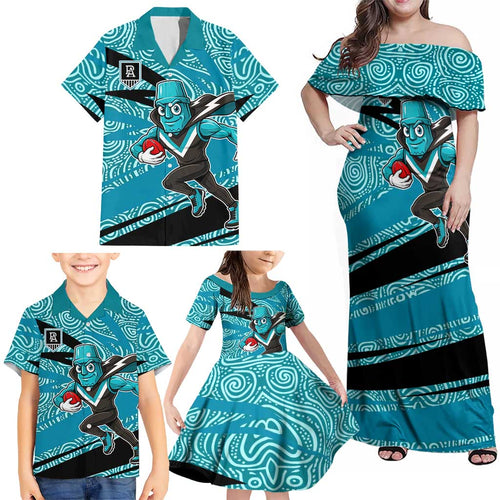 Port Adelaide Australian Football Family Matching Off Shoulder Maxi Dress and Hawaiian Shirt Power Hero Mascot With Indigenous Pattern Art