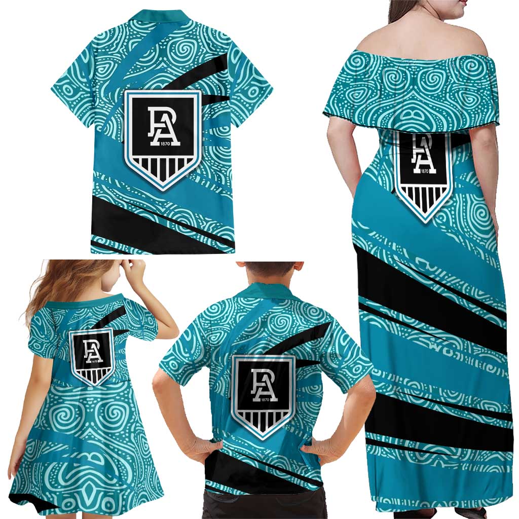 Port Adelaide Australian Football Family Matching Off Shoulder Maxi Dress and Hawaiian Shirt Power Hero Mascot With Indigenous Pattern Art