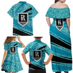 Port Adelaide Australian Football Family Matching Off Shoulder Maxi Dress and Hawaiian Shirt Power Hero Mascot With Indigenous Pattern Art