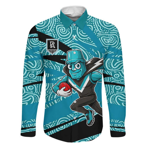 Port Adelaide Australian Football Family Matching Off Shoulder Maxi Dress and Hawaiian Shirt Power Hero Mascot With Indigenous Pattern Art